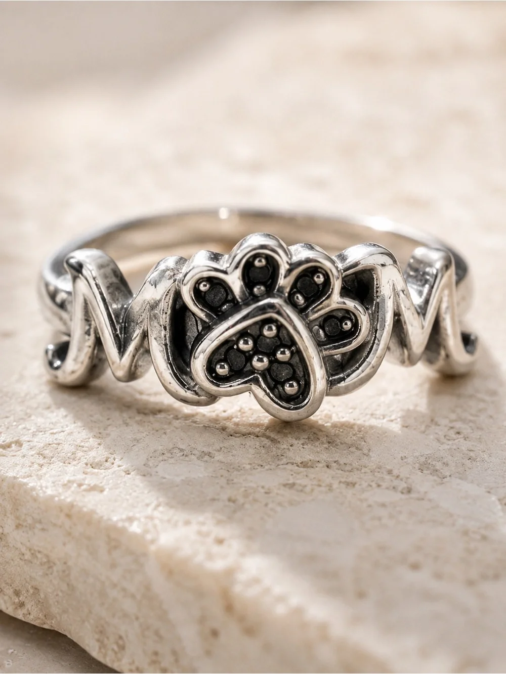 Kay Jewelers Sterling Silver Mom Paw Print Black Diamond Accent Ring Size 7